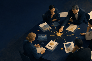 An editorial scene of a leadership team mapping evidence and stakeholder perspectives toward a shared decision, in PathPatron navy, gold and warm cream.