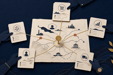 An editorial map of a cross-functional work case, showing people, evidence cards and a shared decision point in PathPatron navy, gold and warm cream.