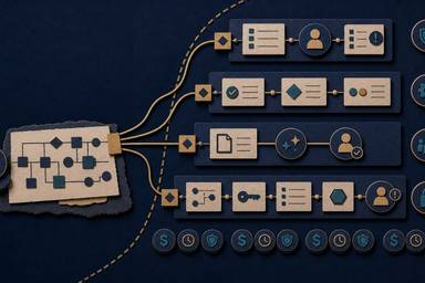 A tactile paper-cut future-state model showing a current-state work map leading into four controlled options: stabilise, automate stable seams, bounded AI assistance and a governed agentic workflow with permissions, audit trail, stop gate and human exception handoff.